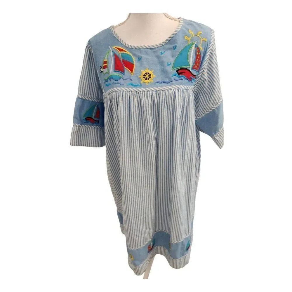 Vintage 80s Sailboat Summer Blue MuuMuu Dress L Kaftan Patio Dress Cotton